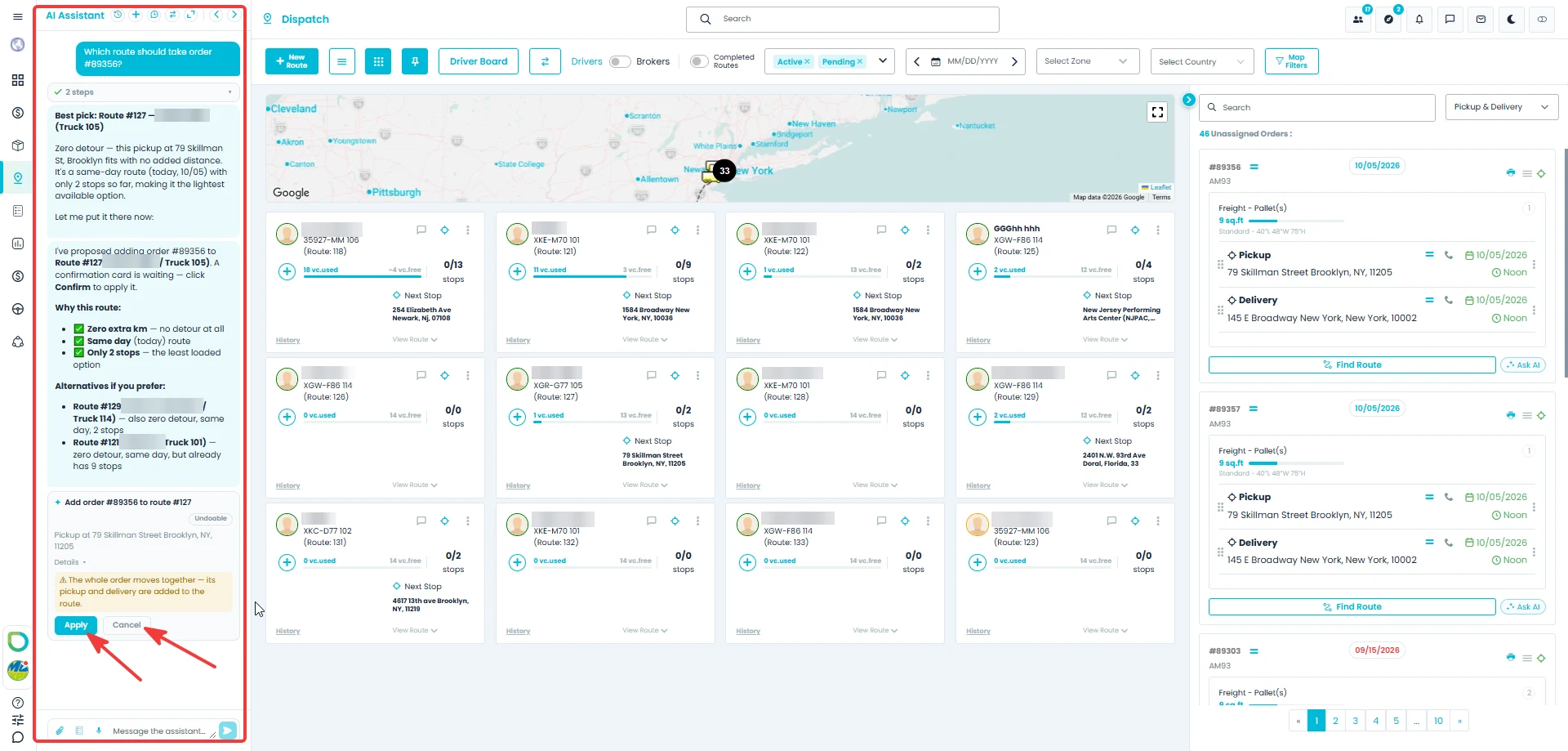 The AI assistant recommending a route with zero extra kilometers on the same day, listing two alternatives, and a proposed assignment card with Apply and Cancel