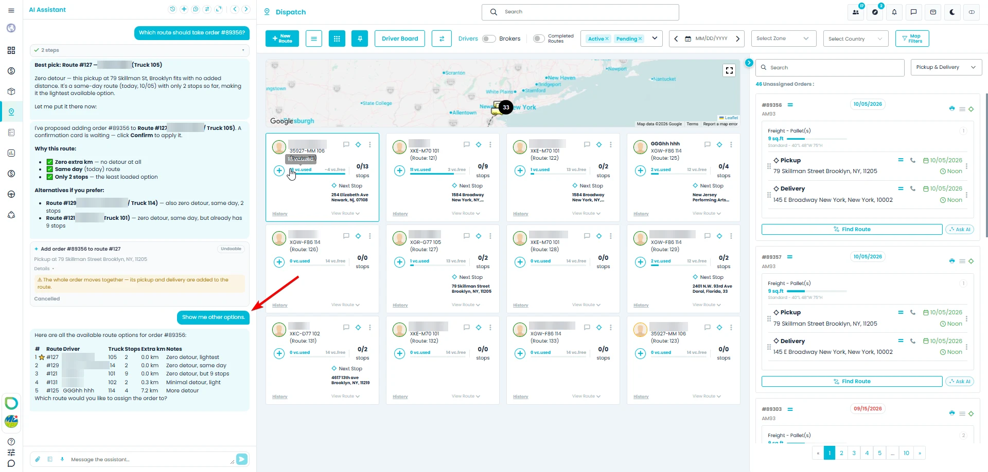 The AI assistant answering Show me other options with a table of routes, each with its driver, truck, number of stops, extra kilometers and a short note