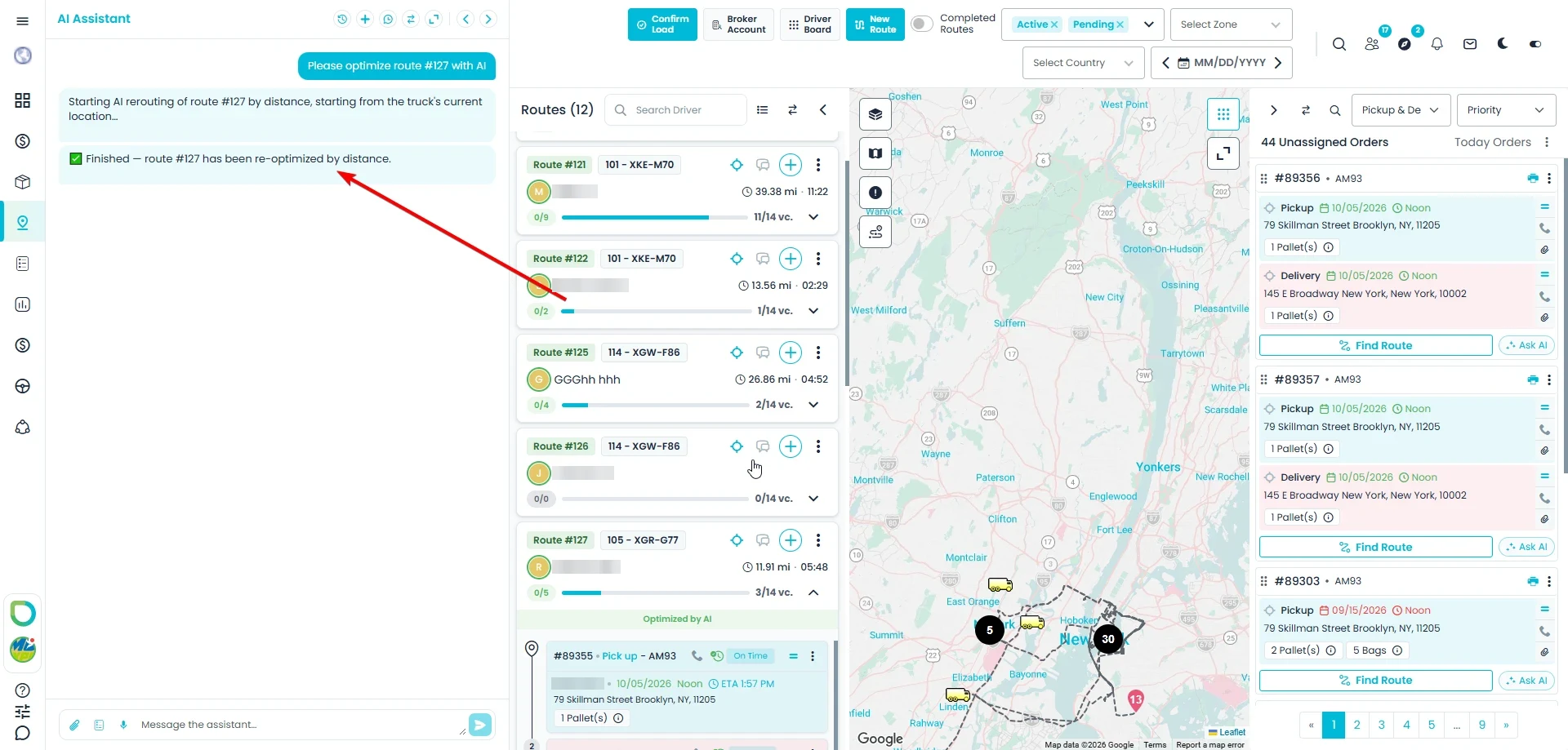 The AI assistant confirming that a route has been re-optimized by distance, next to the Dispatch board where the route card now reads Optimized by AI