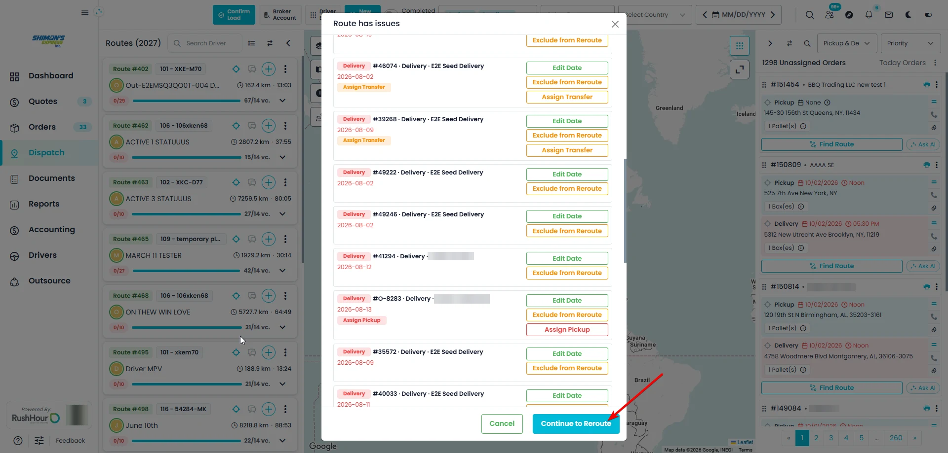 The Route has issues window listing past-date deliveries with Edit Date, Exclude from Reroute, Assign Transfer and Assign Pickup buttons, and Cancel and Continue to Reroute at the bottom