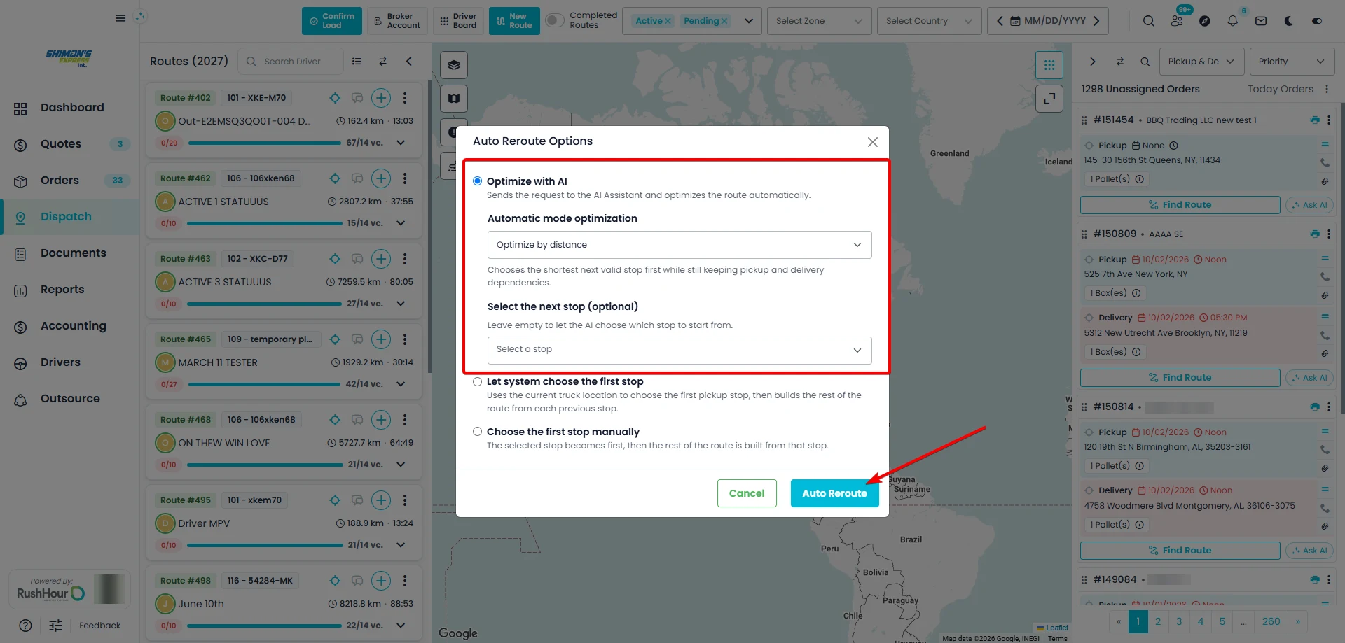 The Auto Reroute Options window with Optimize with AI selected, Optimize by distance under Automatic mode optimization and an empty Select the next stop field