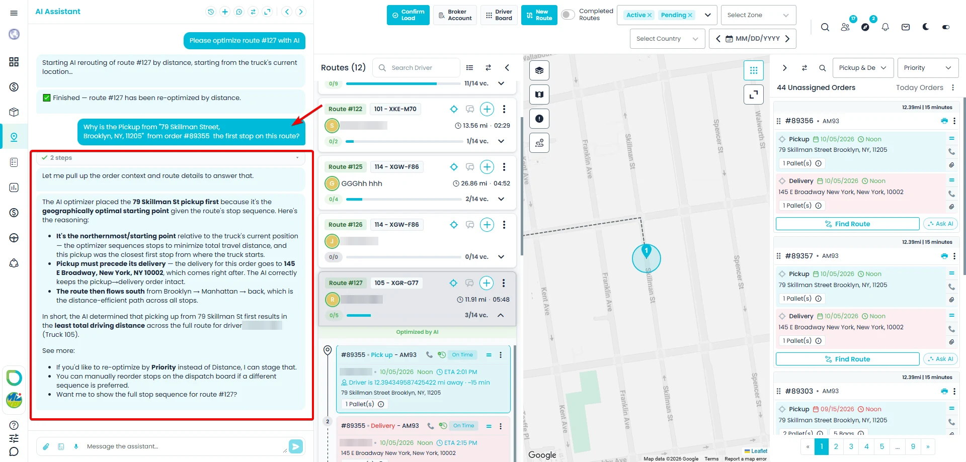 The AI assistant explaining why a pickup is the first stop on the route, with the route open on the board and its first stop on the map